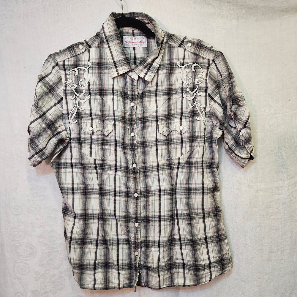 Vintage Panhandle Slim Womens Sz Sml Western Pearl Snap Shirt Cotton 3/4 Sleeve